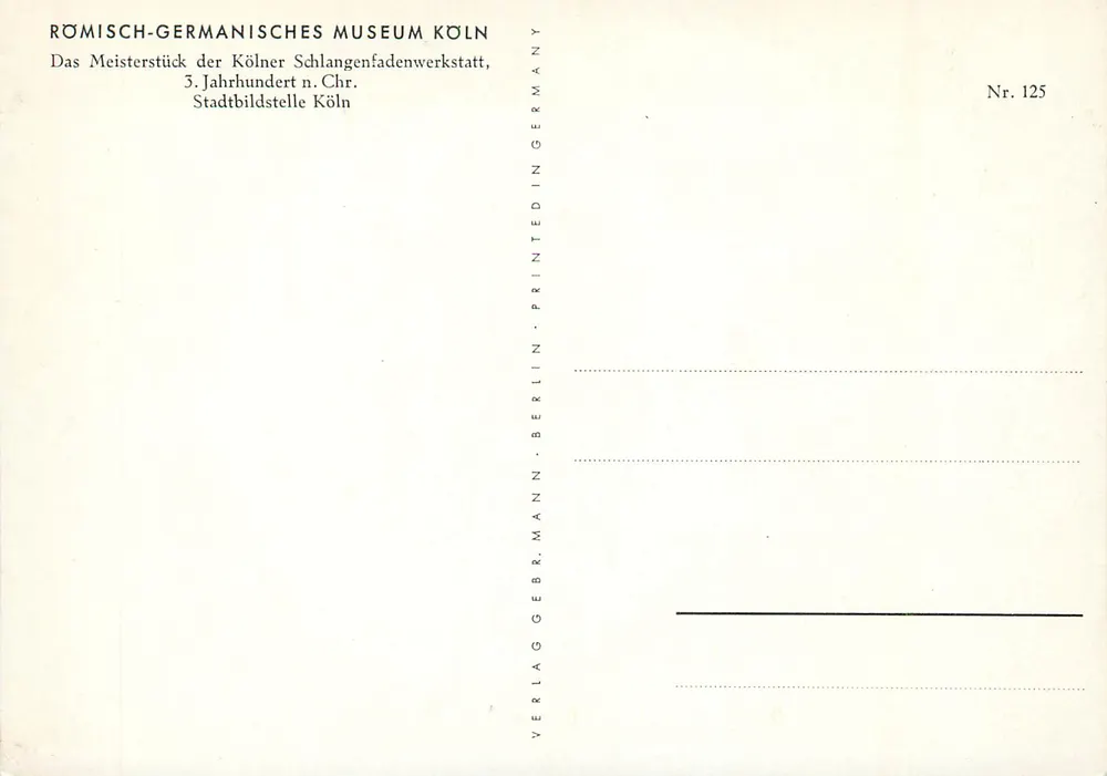 Vaso de vidro decorado — obra-prima da Werkstatt de filamentos de Colônia — editor Verlag Gebr. Mann, Berlim, n° 125 - Verso