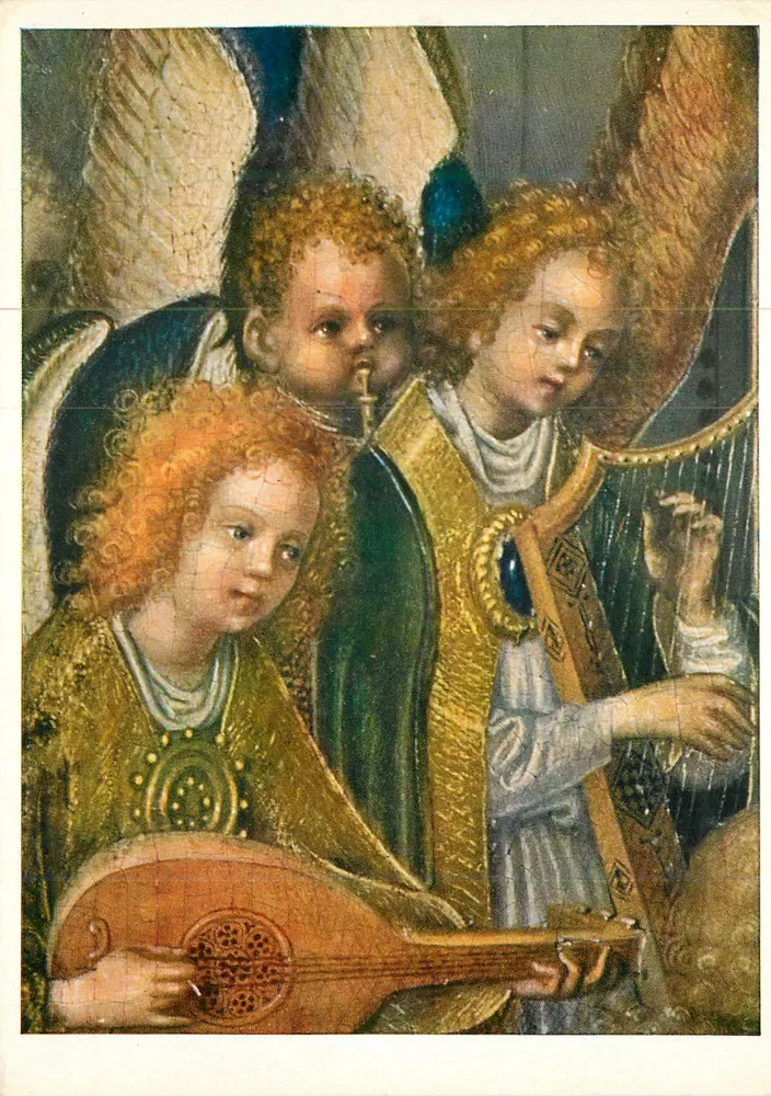 Anjos tocando lute e harpa — Stefan Lochner, † 1451, do Weltgerichtsaltar — Fink-Künstlerpostkarte Nr. 1709 - Frente