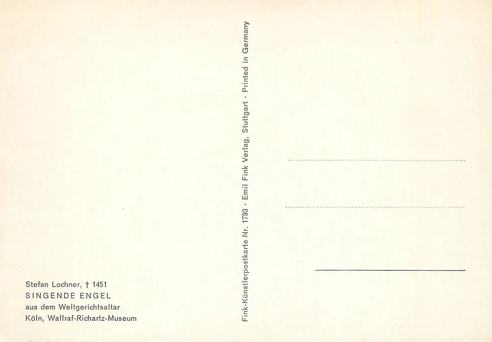 Anjos cantando — Stefan Lochner, † 1451 — Carta postal artística Fink-Künstlerpostkarte Nr. 1793, Emil Fink Verlag, Stuttgart - Verso