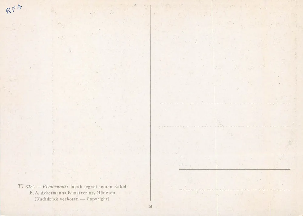 Jakob abençoando seus netos — Rembrandt — F.A. Ackermanns Kunstverlag, Munique, n° 3234 - Verso
