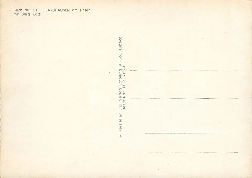 St. Goarshausen am Rhein — vista con la Burg Katz — editore Schöning & Co., n° 7109-1 - Verso