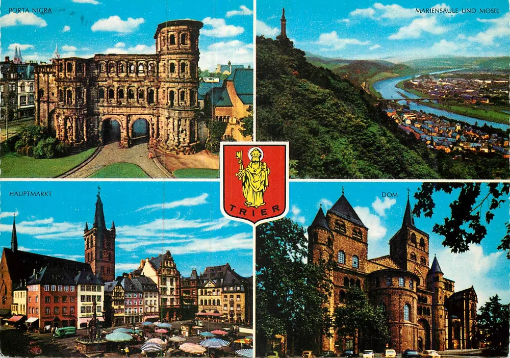Trier — Porta Nigra, Mariensäule e Mosel, Hauptmarkt, Dom — editor Verlag Theodor Cobbes - Frente
