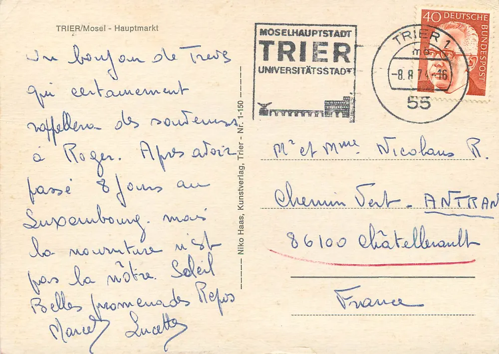 Trier - Hauptmarkt — vista animada com igreja e edifícios históricos — editor Niko Haas, n° 1-150 - Verso