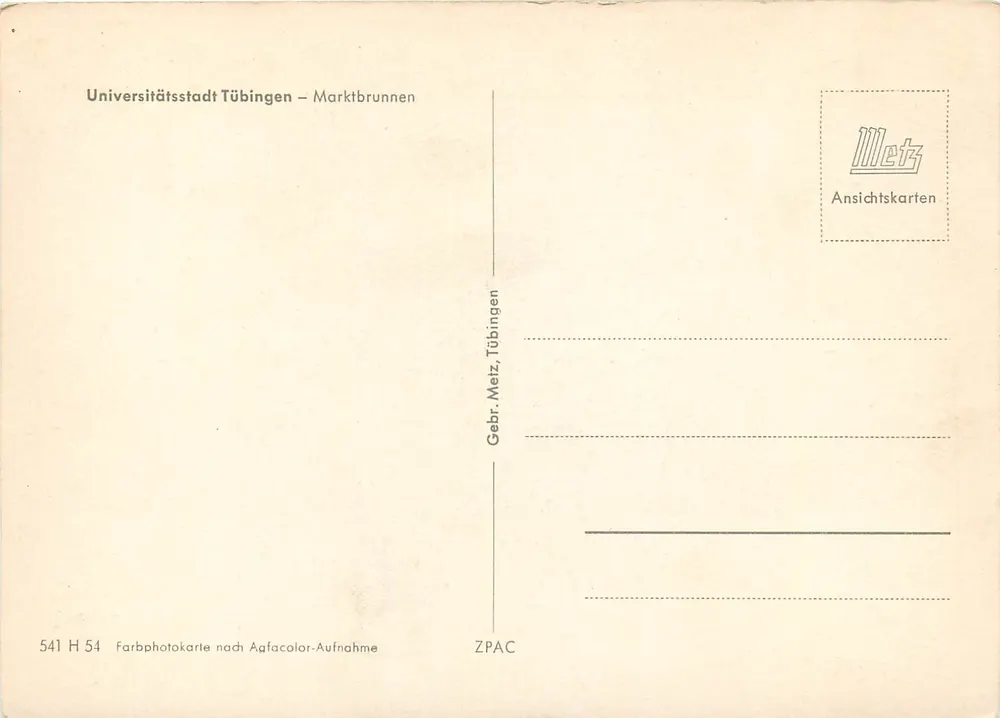 Tübingen — Markt — Marktbrunnen — Verlag Meitz, Nr. 541 H 54 - Rückseite