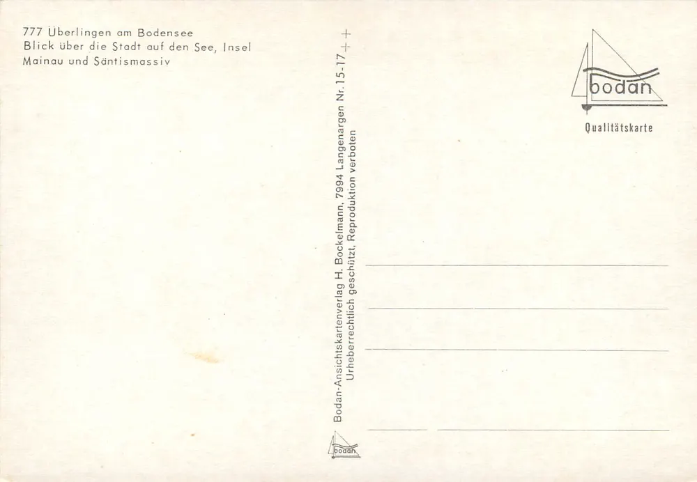 Ausblick auf den Bodensee — Überlingen — Verlag Bodan, Nr. 777 - Rückseite