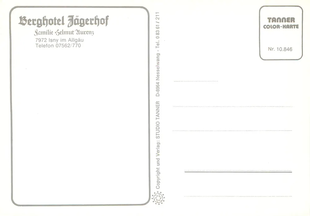 Berghotel Jägerhof — Família Selmut Lurenz — TANNER COLOR-KARTE Nr. 10.846 - Verso