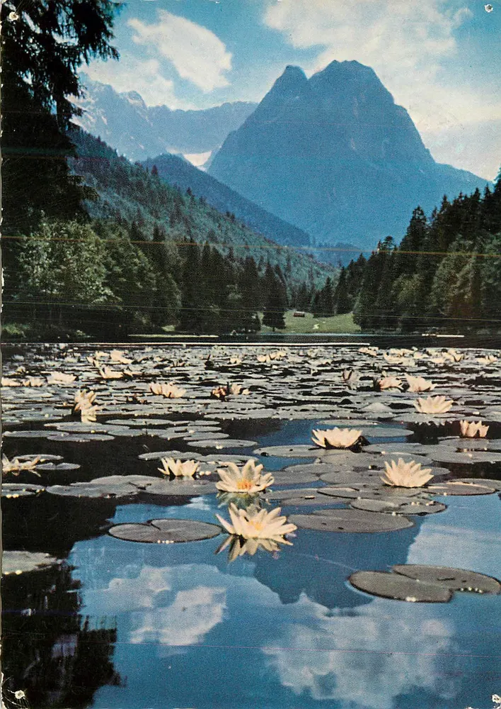 Lago Rießer See — montaña Zugspitze (2964m) — Alpiner Kunstverlag Hans Huber, Garmisch-Partenkirchen, n°8092 - Anverso