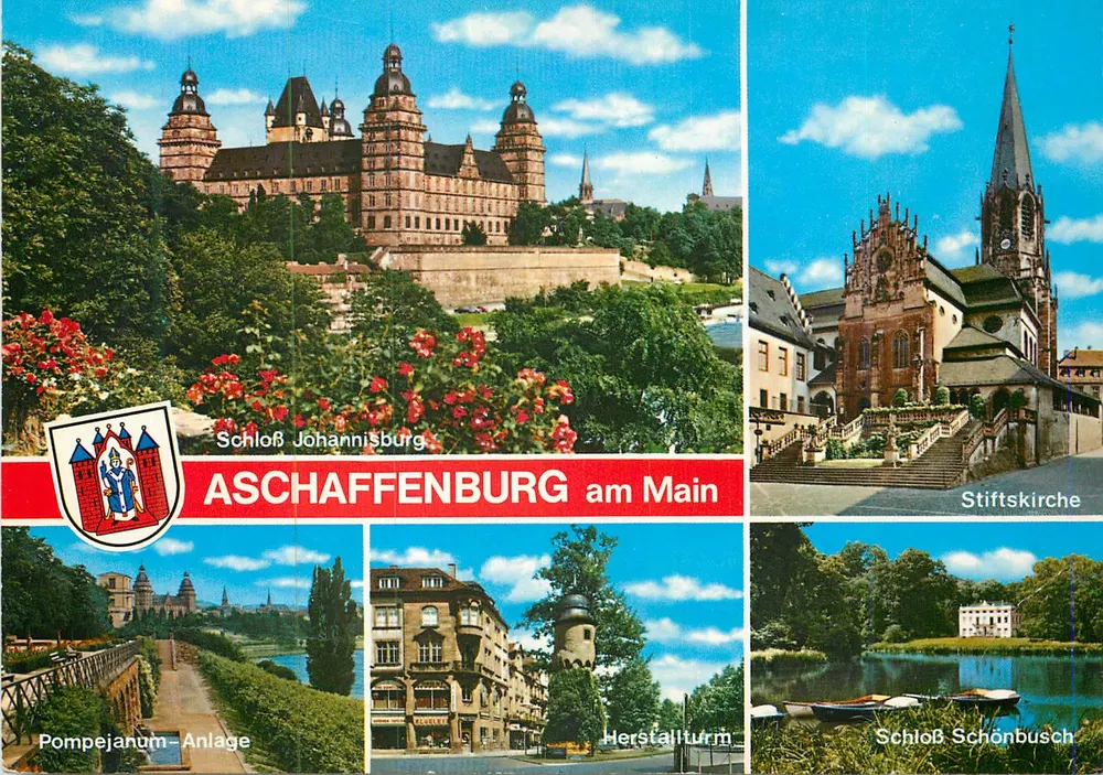 Aschaffenburg am Main — Schloss Johannisburg, Stiftskirche, Pompejanum-Anlage, Herstallturm, Schloss Schönbusch — Verlag Schöning & Co. - Frente