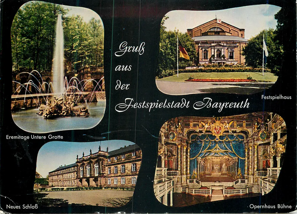 Festspielstadt Bayreuth — Eremitage Untere Grotte, Festspielhaus, Neues Schloß, Opernhaus Bühne — Oberfränkischer Ansichtskartenverlag - Awers
