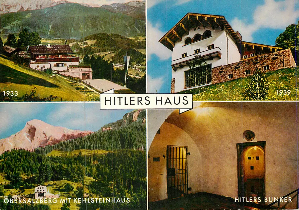Obersalzberg con Kehlsteinhaus — Casa de Hitler, Bunker de Hitler — Hierzegger Farbkarte F 123 - Anverso
