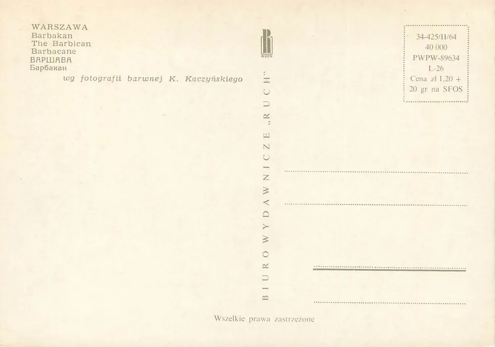 Barbakan em Varsóvia — editor RUCH, n° 34-425/11/64 - Verso