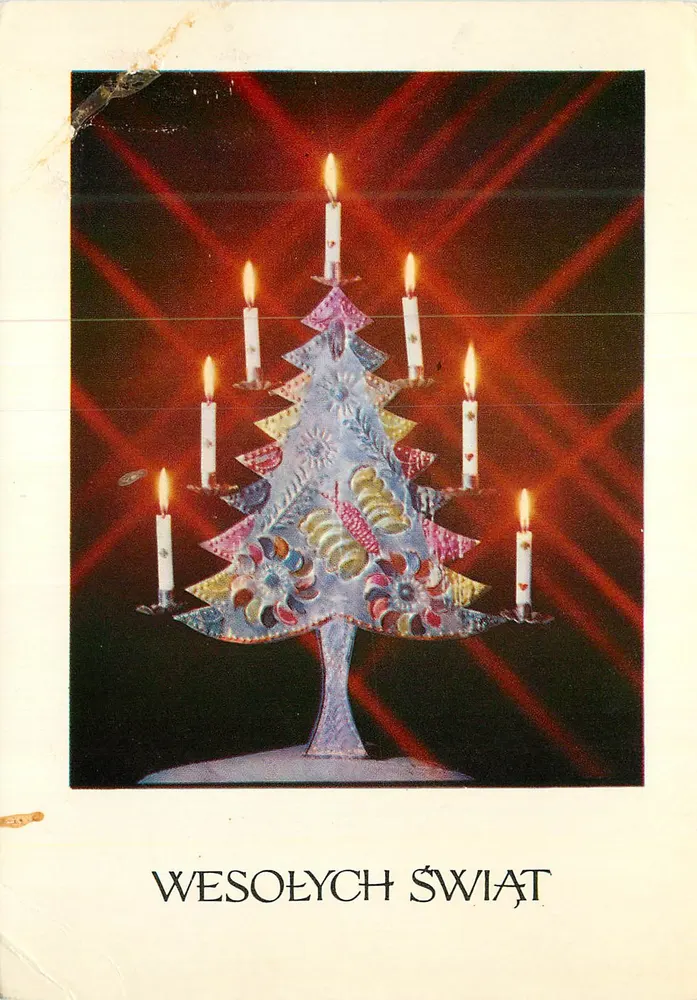 Árvore de Natal em forma de vela — decorada com motivos florais — editor Biuro Wydawniczo-Propagandowe - Frente