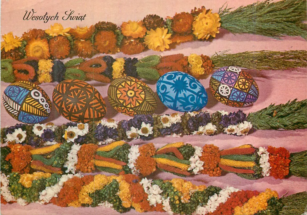 Ovos de Páscoa decorados — motivos coloridos e coroas de flores — fot. A. Zborski, Łódź, maio 1980 - Polônia - Frente