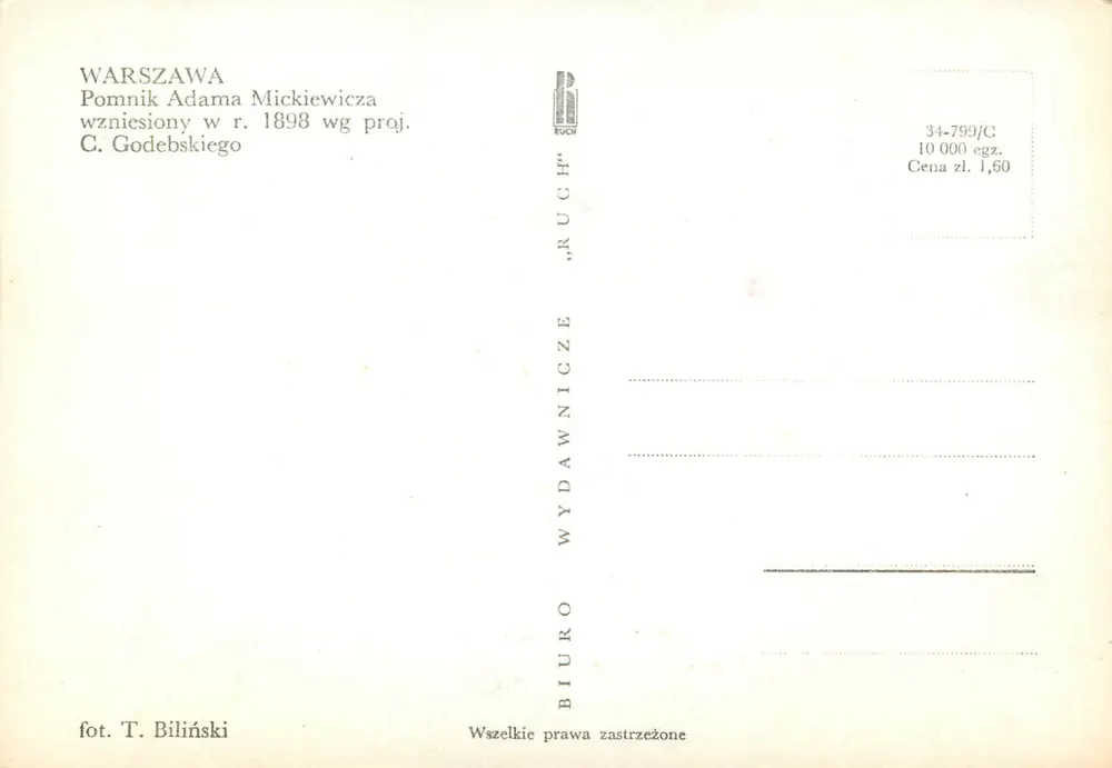 Varsavia — Monumento ad Adam Mickiewicz — editore 'RUCH' n°34-799/C - Verso