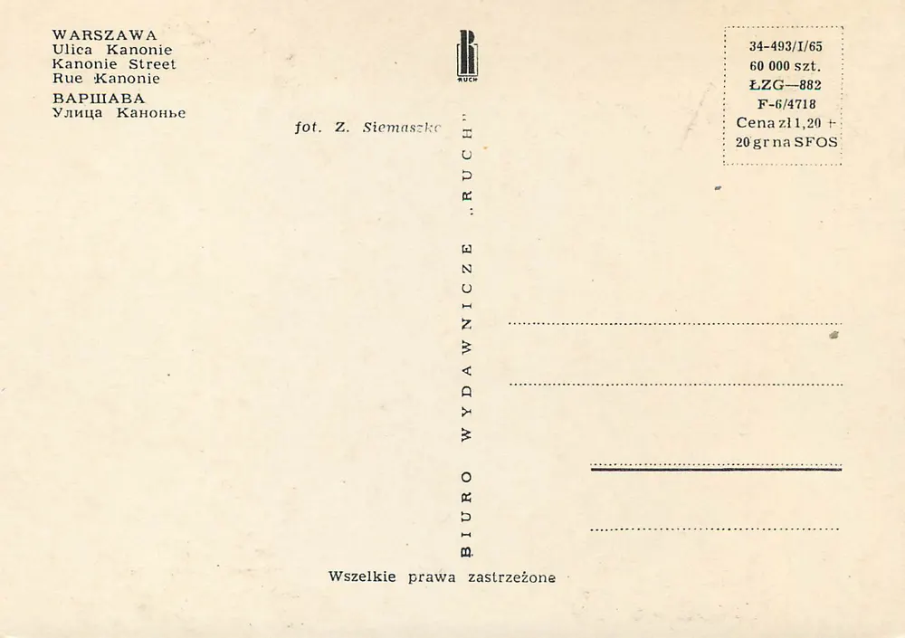 Warszawa — Ulica Kanonie — editor RUCH, n° de série 34-493/1/65 - Verso