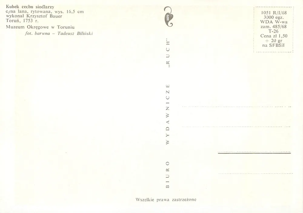 Kubek dos sapateiros — cínfa riscada, 16,5 cm, Toruń, 1753 — editor BIURO WYDAWNICZE „RUCH” - Verso