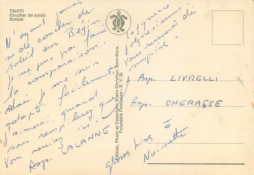Tahiti — Pôr do sol — Edição Christian Bora-Bora, Polinésia Francesa, n° V.25 - Verso