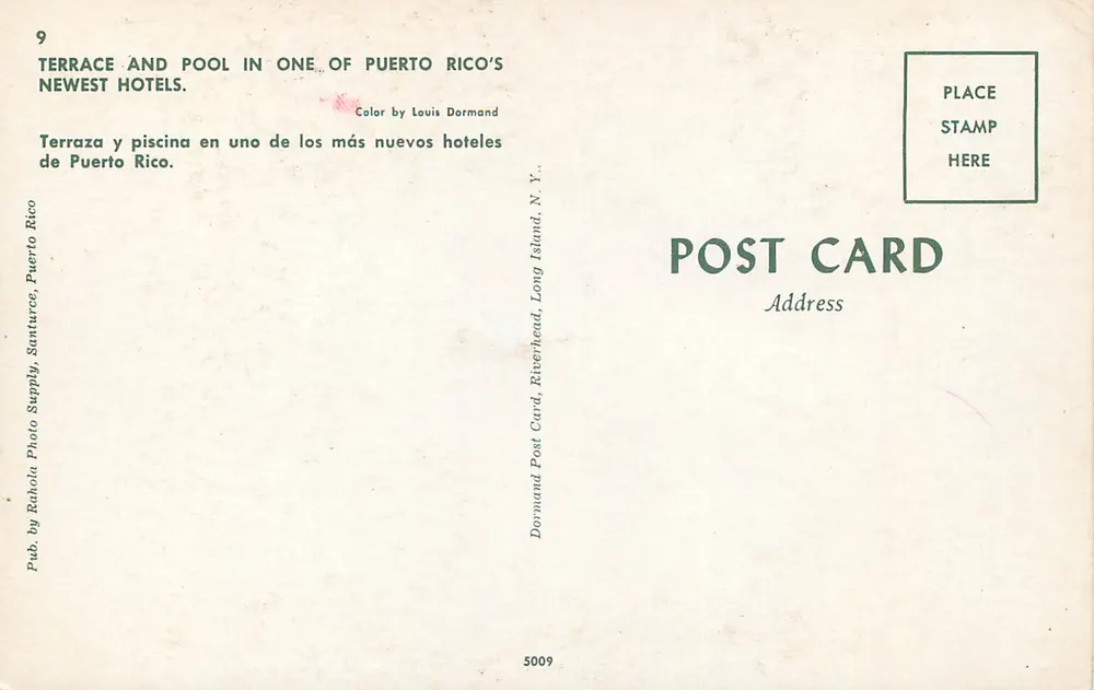 Terrasse e piscina em um dos novos hotéis de Porto Rico — Santurce, Riverhead, Long Island — editor Dormand, n° 5009 - Verso