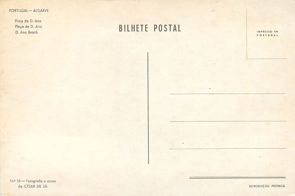 Praia de D. Ana — Algarve — Bilhete Postal N.º 10 — César de Sá - Verso