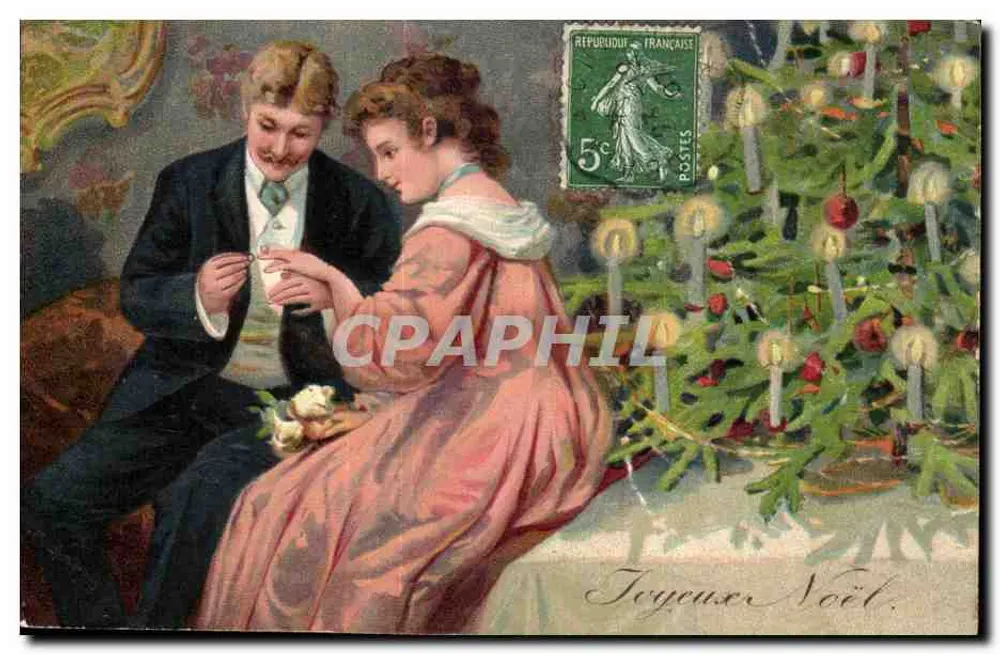 Paare vor einem Weihnachtsbaum — Verlag Relief N° 6457 — 5c Französische Republik Briefmarke - Vorderseite