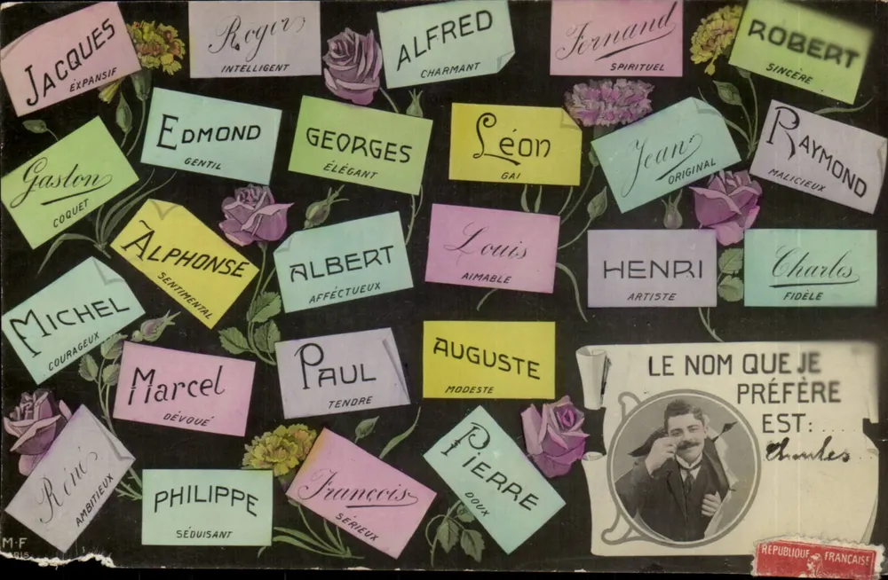 Humoristische Karte — Namen und Eigenschaften — M-F 1915 - Vorderseite