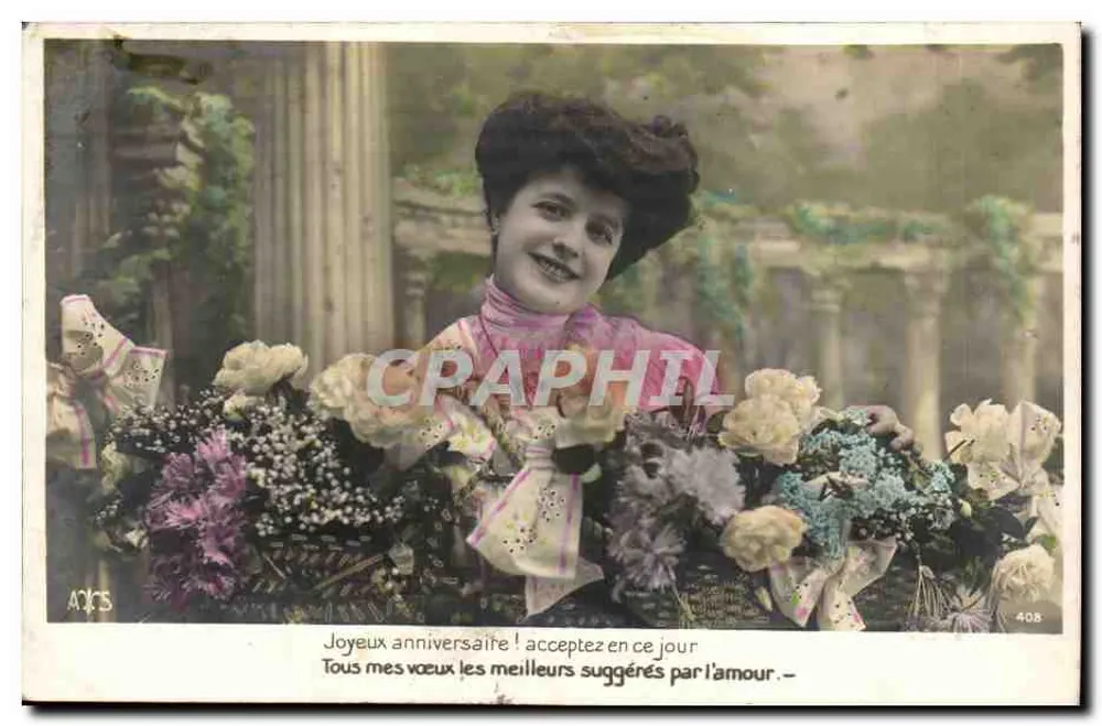 Lächelnde Frau mit Blumensträußen — AOC'S, Nr. 408 - Vorderseite