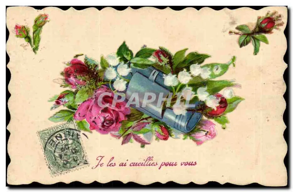 Flores e livro — carta postal — editor não visível - Frente