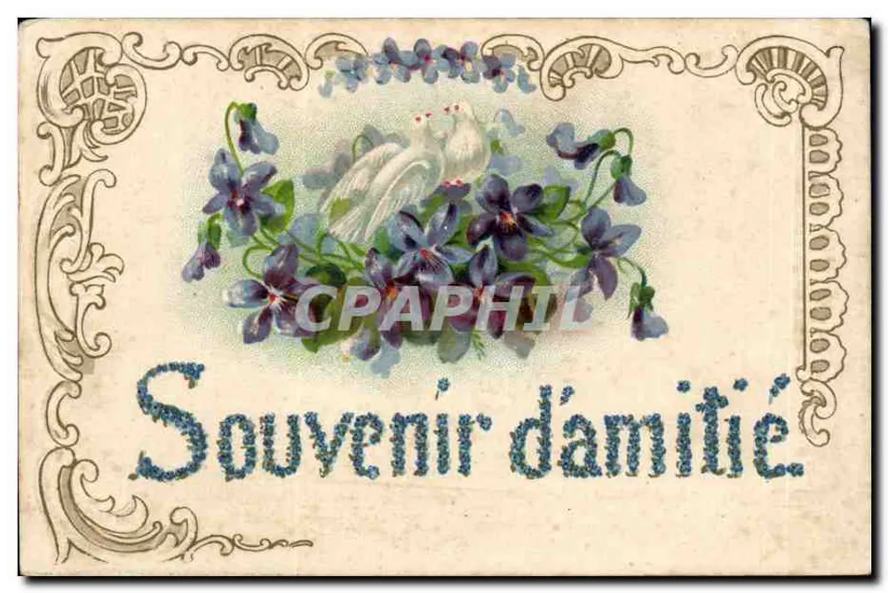 Zwei Tauben unter Violettblumen — Erinnerung an Freundschaft — Verlag nicht sichtbar - Vorderseite