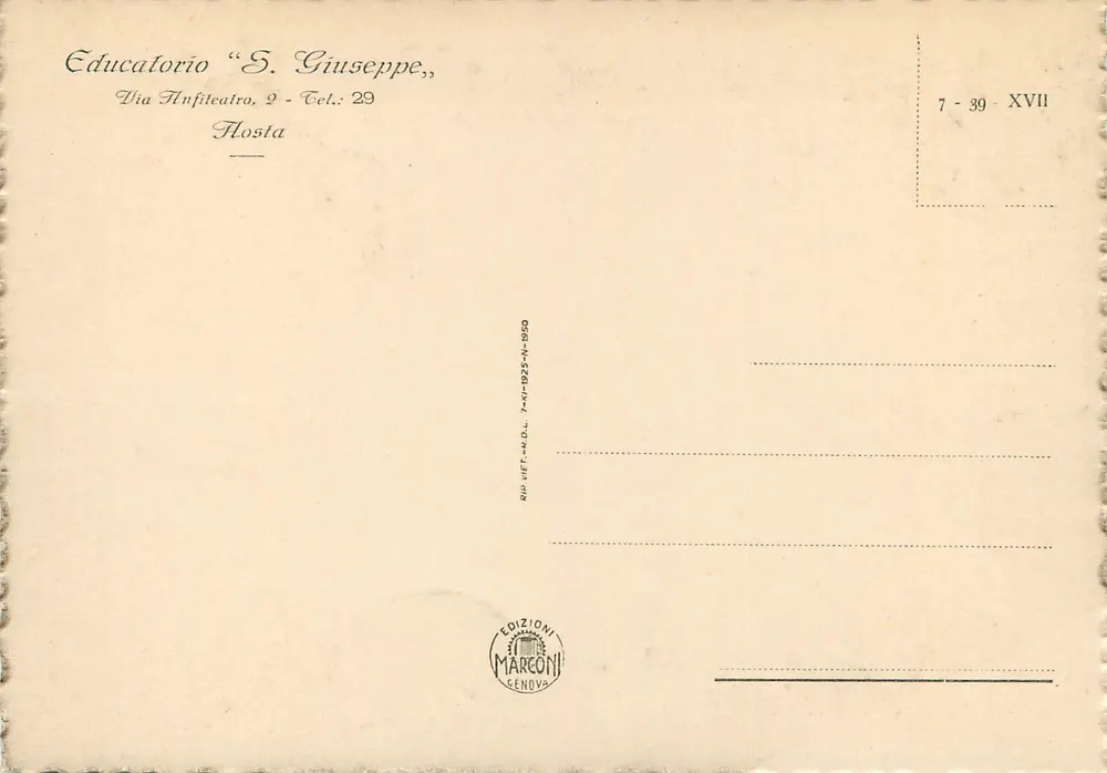 O Instituto e Torre dos Balivi — vista panorâmica — Edições Marconi, Gênova, n° 7-39-XVII - Verso