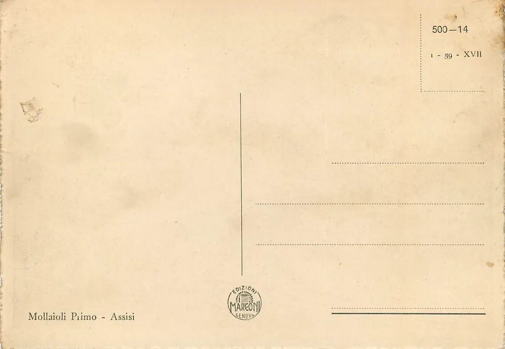 Assisi - O Convento S. Francisco e Ponte S. Vittorino — Edições Mareoni, Gênova, n° 500-14 - Verso