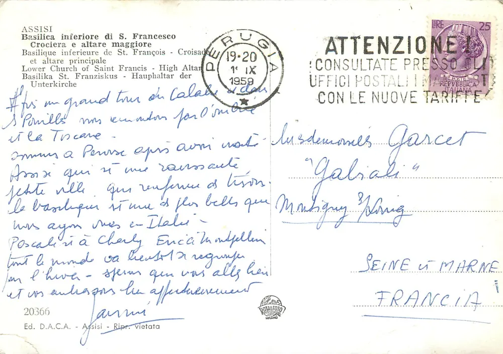 Assisi — Untere Basilika des hl. Franziskus — Kreuzzug und Hauptaltar — Verlag D.A.C.A. - Assisi - Nachahmung verboten - Rückseite