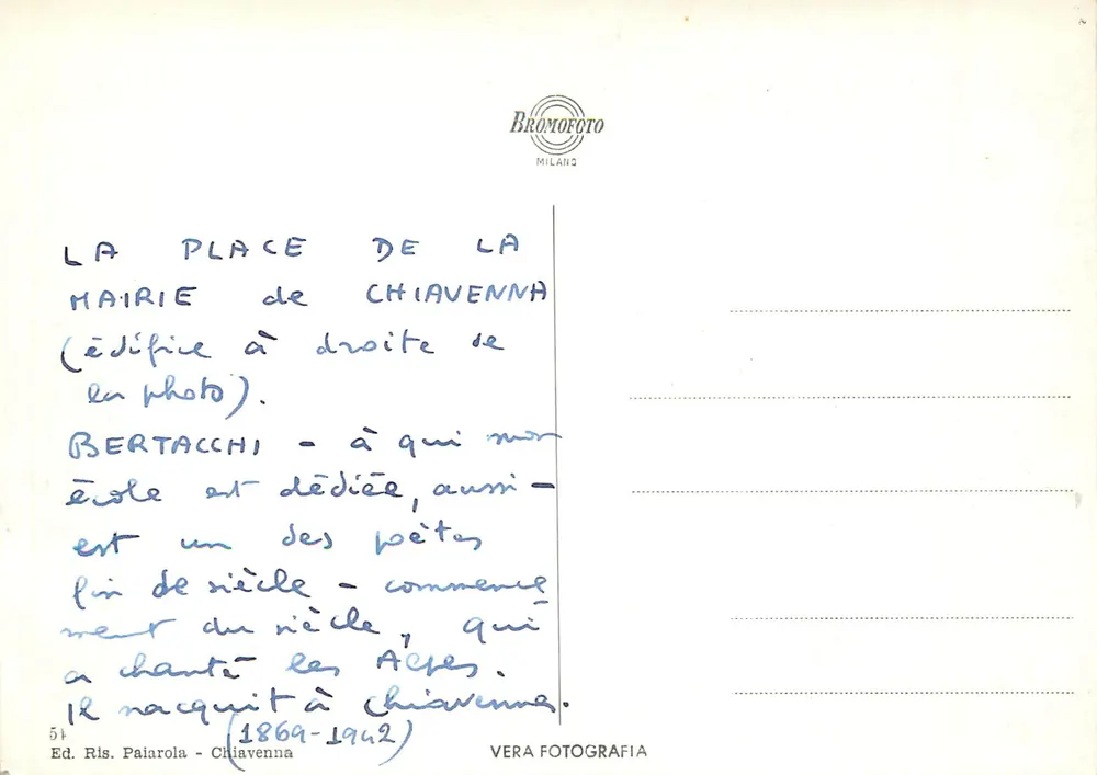 Chiavenna - Piazza Bertacchi — Hotel Engadina Nazionale e edifício da prefeitura — Ed. Rls. Palarola - Verso