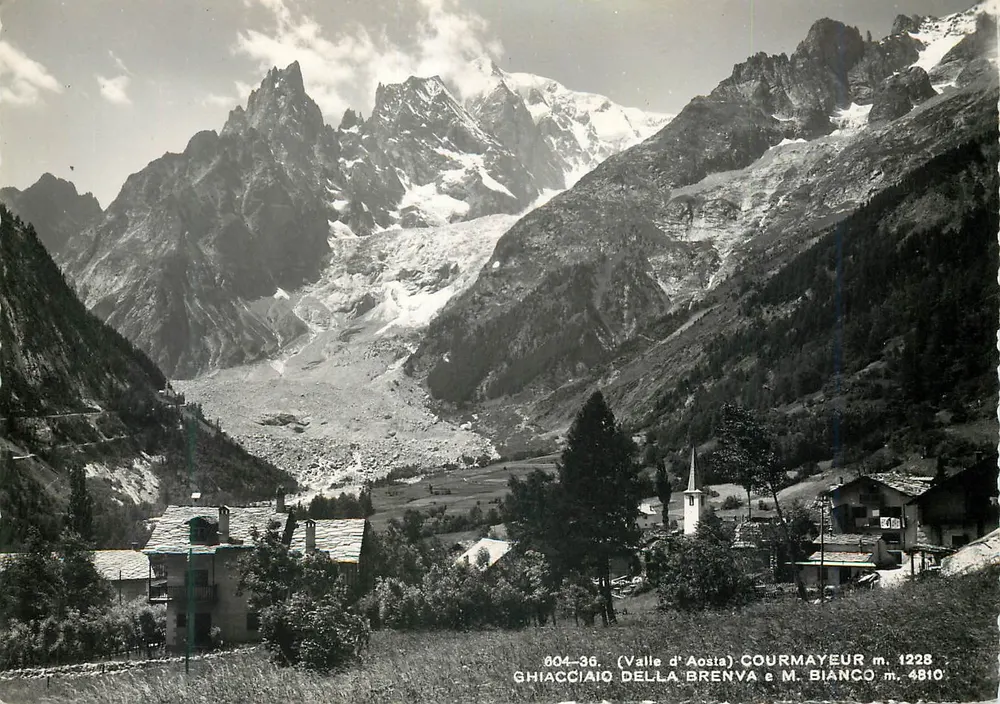 Glaciar de la Brenva y M. Bianco — (Valle d'Aosta) Courmayeur m. 1228 — (Valle d'Aosta) Courmayeur m. 1228 — Glaciar de la Brenva y M. Bianco m. 4810 — 804-38 — Brunner & C. Como - Anverso
