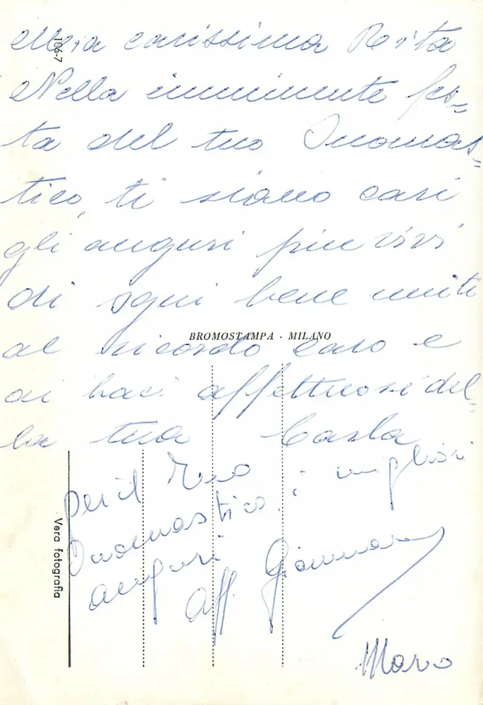 Arranjo de margaridas em uma cesta — com borboleta — editor Bromostampa Milão - Verso