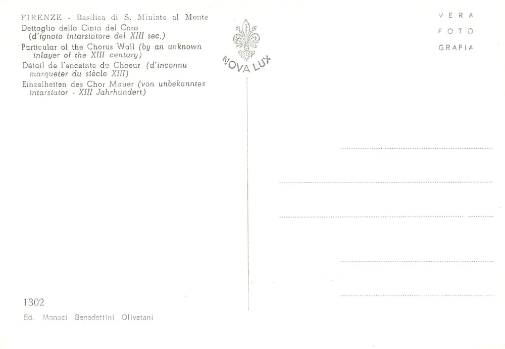 Florencio - Basilica di S. Miniato al Monte — dettaglio del cintre del coro in intarsio del XIII secolo — editore NOVA LUX, n° 1302 - Verso