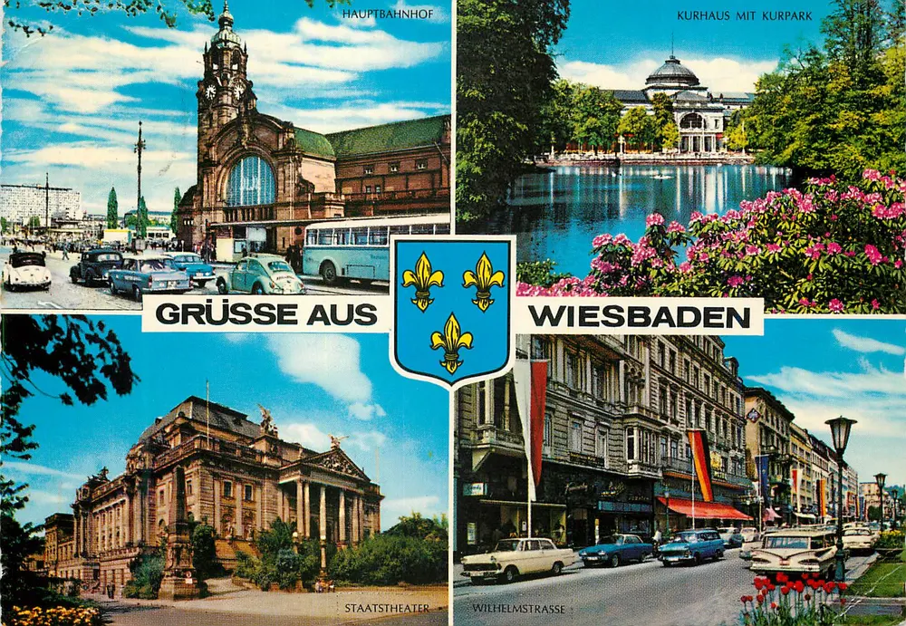 Wiesbaden — Hauptbahnhof, Kurhaus com Kurpark, Staatstheater, Wilhelmstraße — editor Krüger, n° 974/18 - Frente