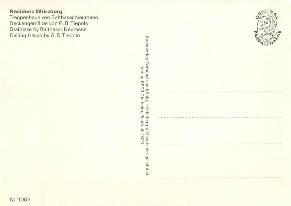 Residenz Würzburg — Treppenhaus von Balthasar Neumann — Kunstverlag Edmund von König, Heidelberg - Rückseite