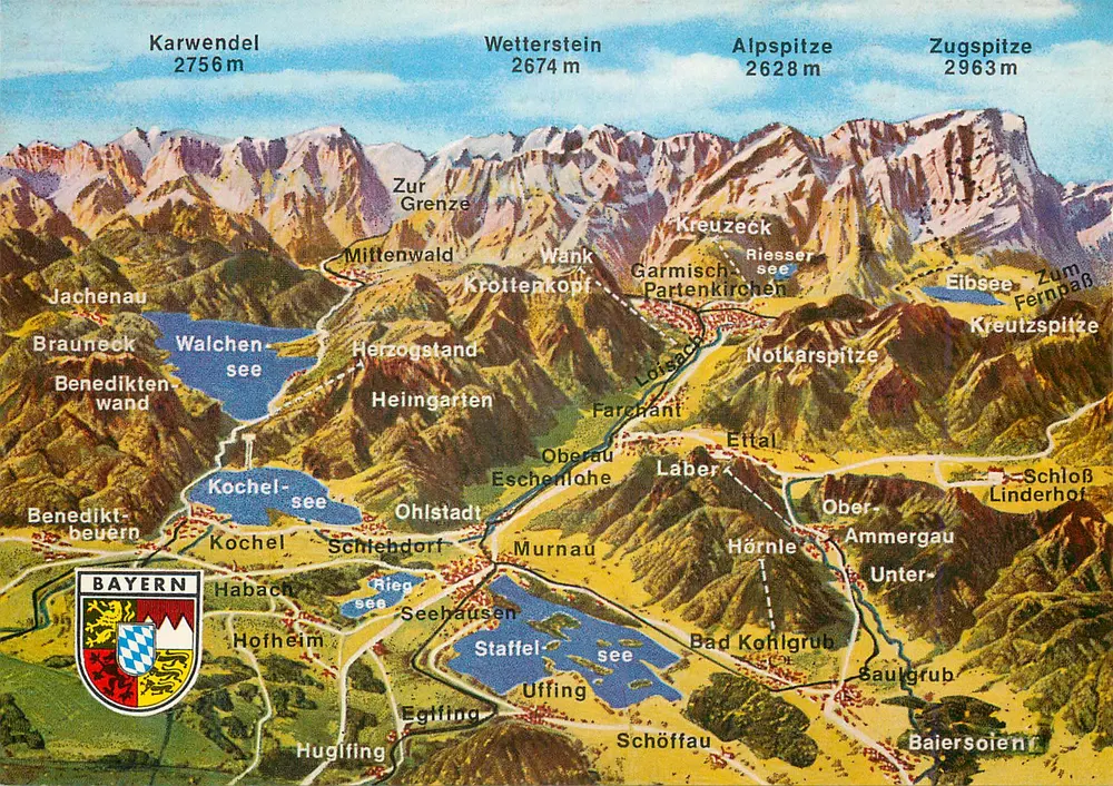 ऊंचे बावियरा का पैनोरमा — लॉइसाच और अम्मर्टल — सूडबिल्ड, म्यूनिख - आगे