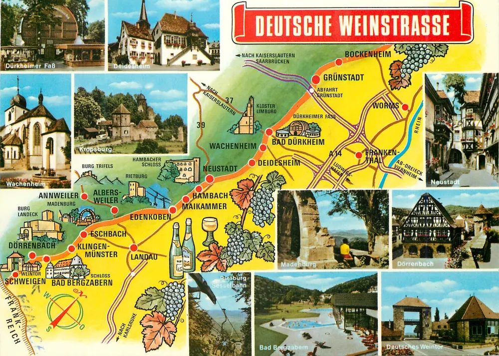 Deutsche Weinstraße — carta postal turística com mapa e fotos de locais - Frente