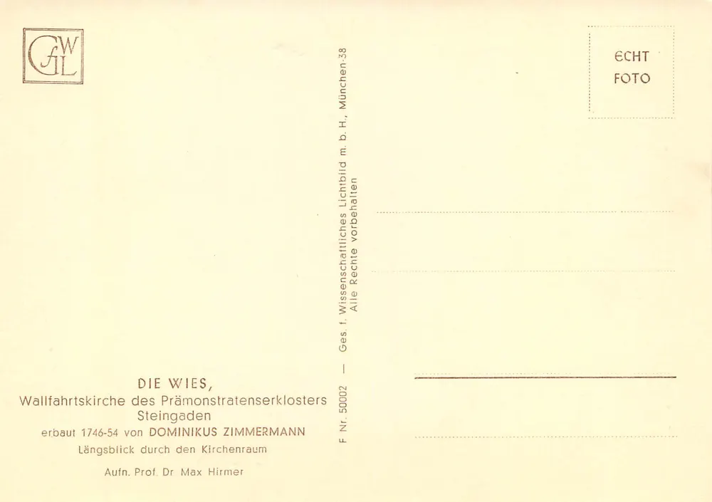 Die Wies — Igreja de peregrinação da Abadia dos Premonstratenses de Steingaden — editor C.W. Gil, F. Nr. 50002 - Verso