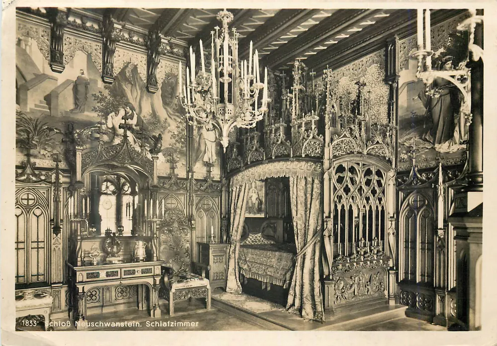 Schloss Neuschwanstein — Chambre à coucher — éditeur Photo-Verlag H. Krönburger, Oberammergau, n° 1833 - Awers