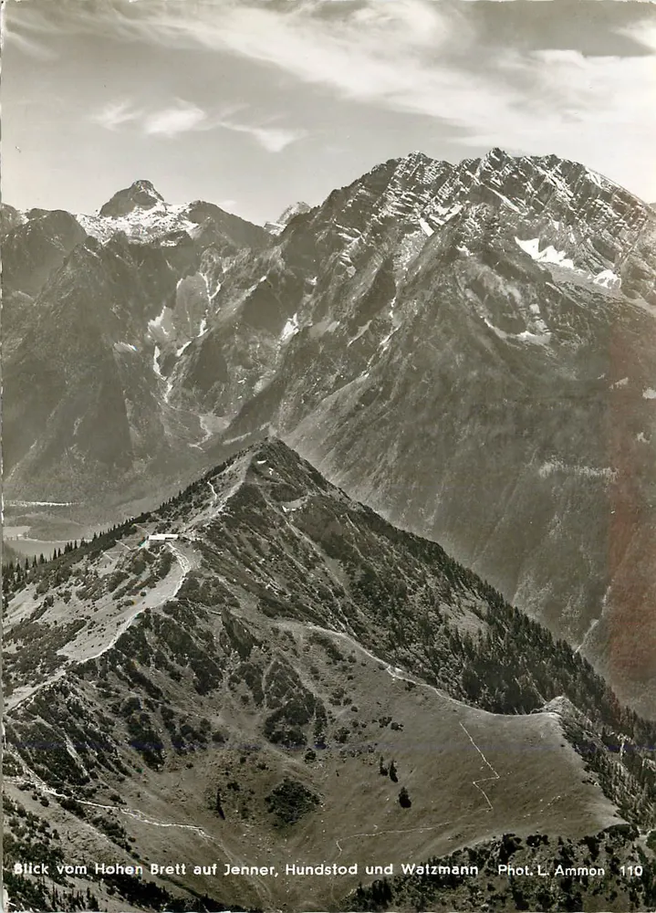 Vue du Hohen Brett sur les sommets de Jenner, Hundstod et Watzmann — Phot. L. Ammon 110 - Recto