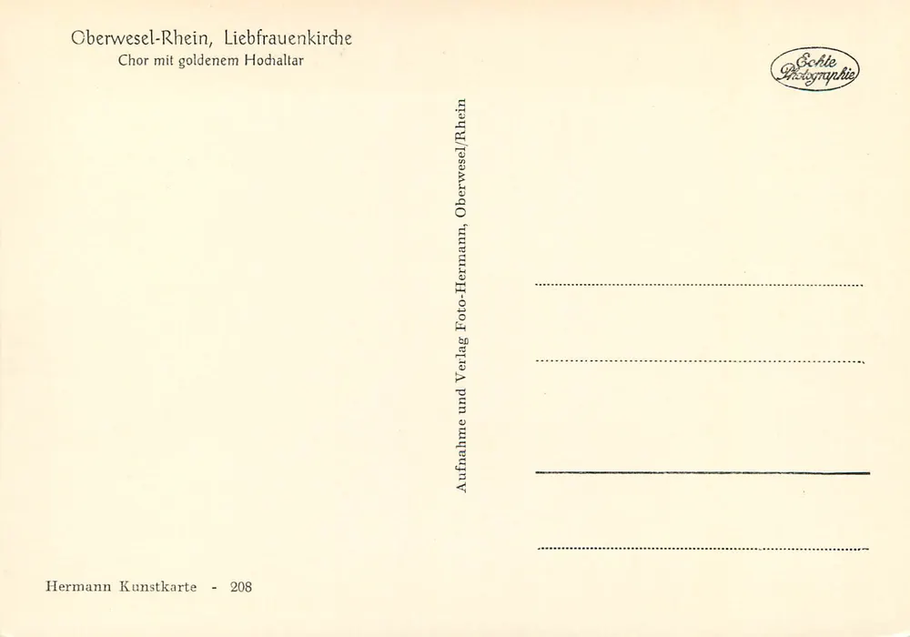 Oberwesel-Rhein, Liebfrauenkirche — Chor mit vergoldeter Kanzel — Hermann Kunstkarde - 208 - Rückseite