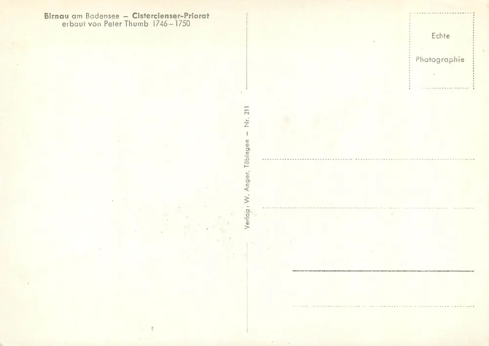 Interior of the Church — Birnau am Bodensee — publisher W. Anger, Tübingen, no. 211 - Back