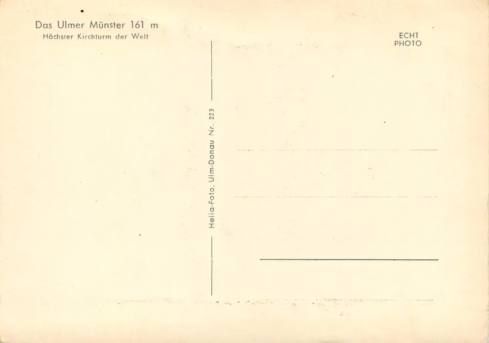 Ulmer Münster — Torre más alta del mundo — Helia-Foto, Ulm-Donau, N° 223 - Reverso