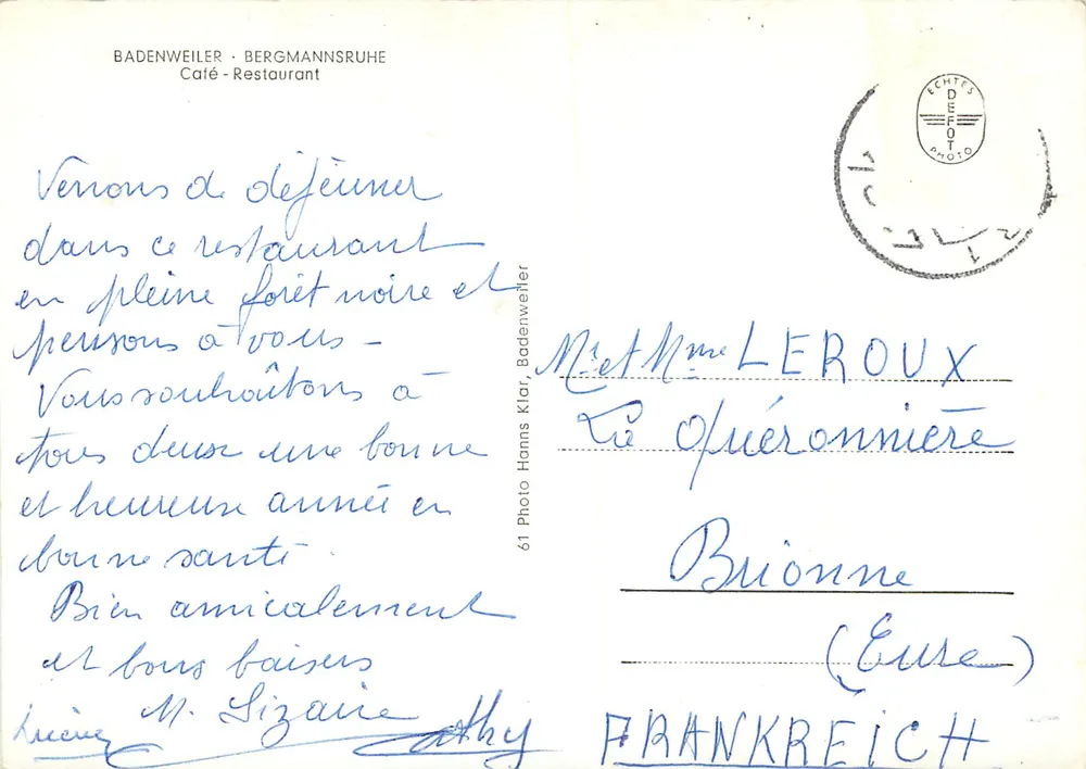 Badenweiler — Bergmannsruhe — Café - Restaurante - Verso