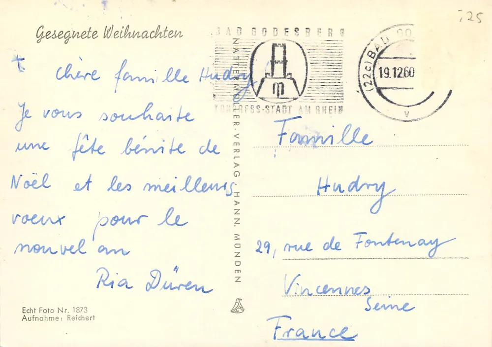 Igreja de Godesberg — árvore de Natal iluminada — editor Yonneress-Verlag - Verso