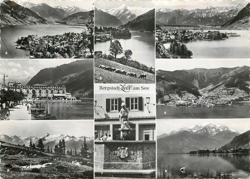 Bergstadt Zell am See — vista panorámica y monumentos — editor desconocido, número de serie no visible - Anverso