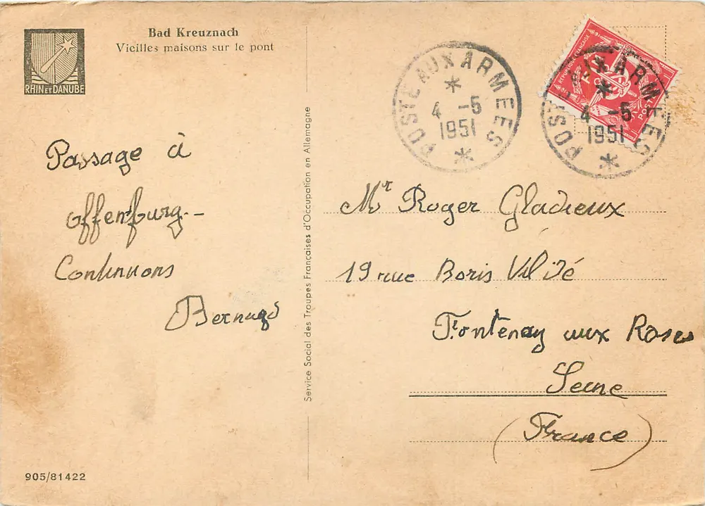Bad Kreuznach — Vieilles maisons sur le pont — Service Social des Troupes Françaises d'Occupation en Allemagne - Verso