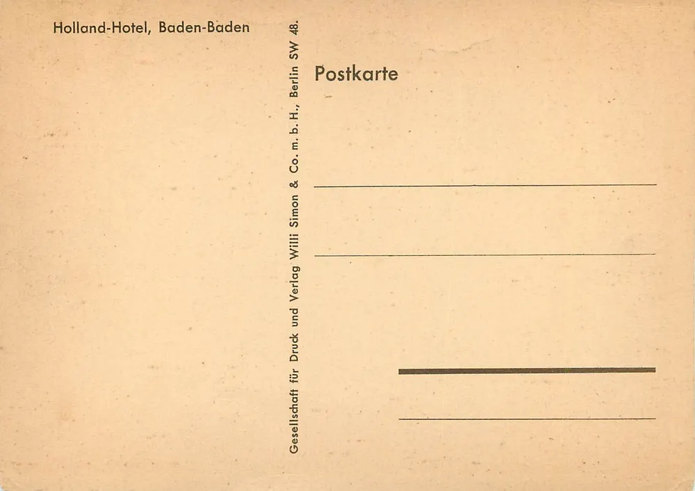 Holland-Hotel, Baden-Baden — widok z zewnątrz z ogródkiem — wydawca: Gesellschaft Holland-Hotel, Baden-Baden & Co. m.b.H. - Rewers